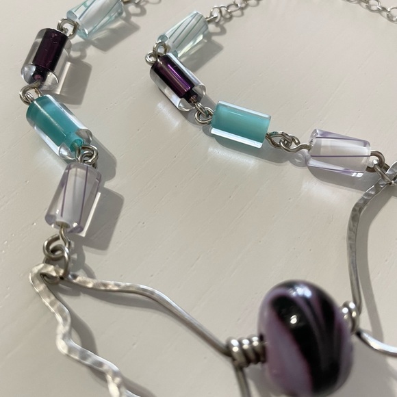 Handmade Sterling‎ Bat Wing Necklace Lampwork Beaded Chain Purple Turquoise - Picture 3 of 9